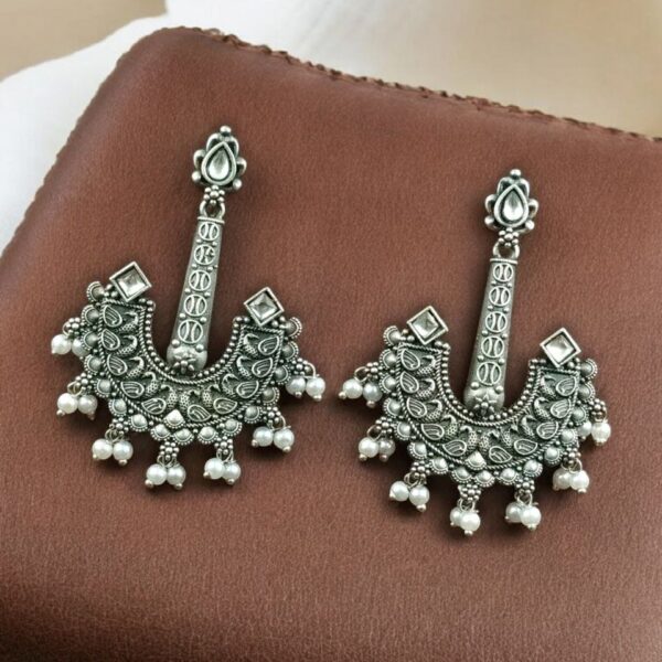 Vintage look Silver Replica Earrings | Adorable Boho Inspire Oxidized Dangler Studs - "White"