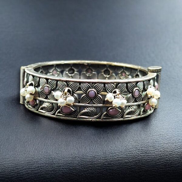 Beautiful Design Stone & Pearl Work Openable Bangle | Oxidized Silver Jewelry - "Baby Pink"