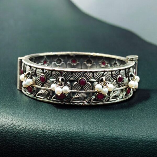 Beautiful Design Stone & Pearl Work Openable Bangle | Oxidized Silver Jewelry - "Red"