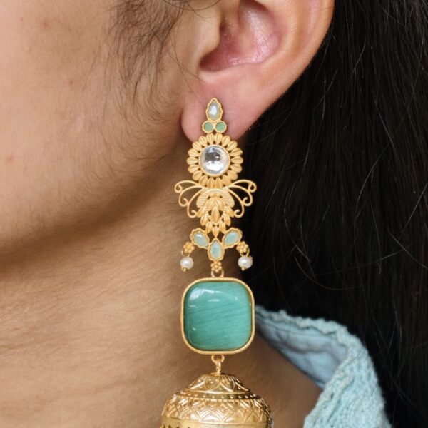 Beautiful Gold Plated Jhumka Earrings | Lightweight Dangler Pearl & Stone Work Jewelry - "Mint"