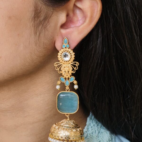 Beautiful Gold Plated Jhumka Earrings | Lightweight Dangler Pearl & Stone Work Jewelry - "Aqua"