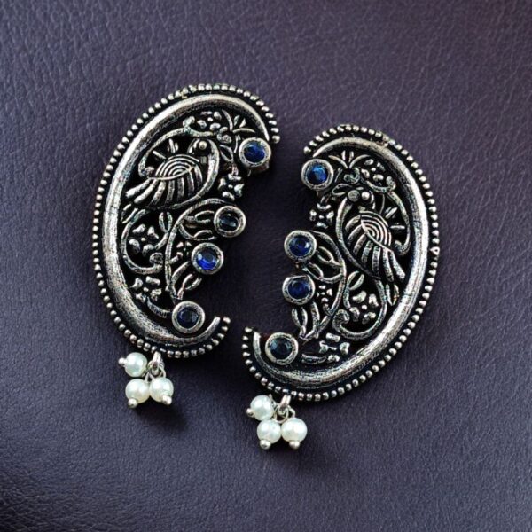 Traditional Peacock Design Earrings | Best Oxidized German Silver Stone & Pearl Work - "Blue"