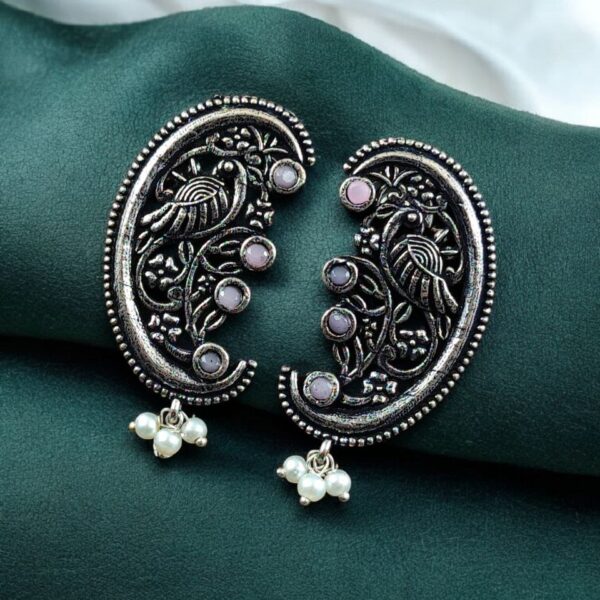 Traditional Peacock Design Earrings | Best Oxidized German Silver Stone & Pearl Work - "Baby Pink"