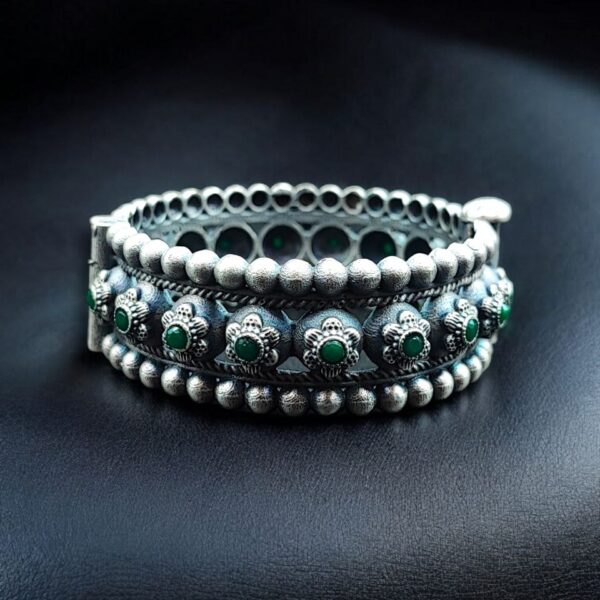 Traditional Oxidized Flower Design Bangle | Stone Work Ethnic Vintage Look Stylish Beautiful Jewelry - "Green"