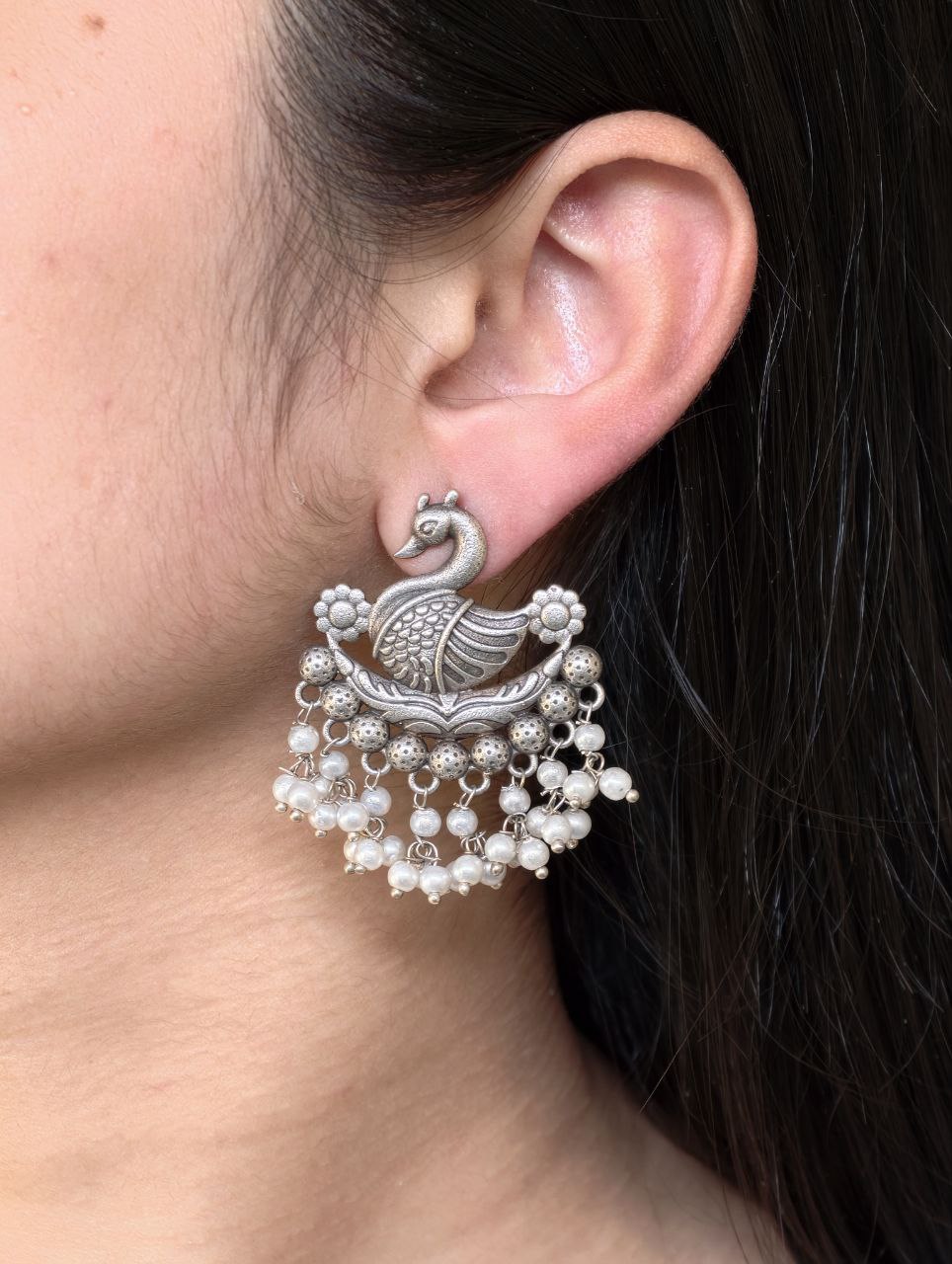 Handcrafted Bird Design Earrings | Silver Plated with Pearl Detailing Perfect Stud Jewelry For Girls