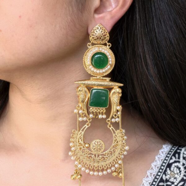 Traditional Gold Plated Parrot Design Kashmiri Earrings | Beautiful Pearl Detailing Jewelry - "Green"