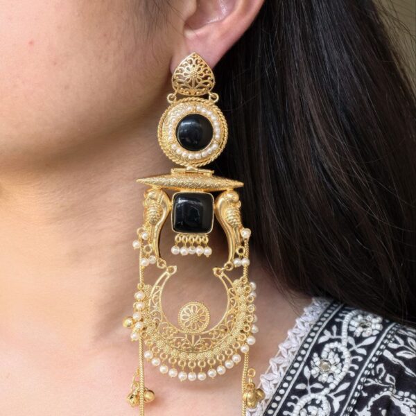 Traditional Gold Plated Parrot Design Kashmiri Earrings | Beautiful Pearl Detailing Jewelry - "Black"