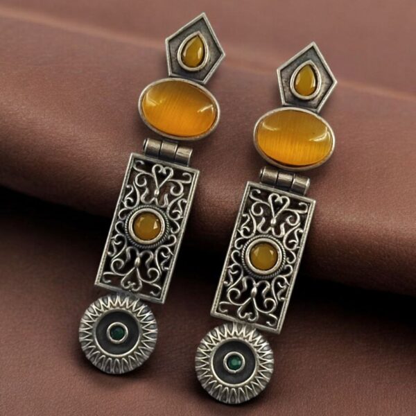 Beautiful Silver Replica Oxidized Dangler Earrings | Monalisa Stone Floral Art Jewelry - "Yellow"