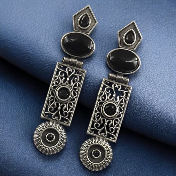 Beautiful Silver Replica Oxidized Dangler Earrings | Monalisa Stone Floral Art Jewelry - "Black"