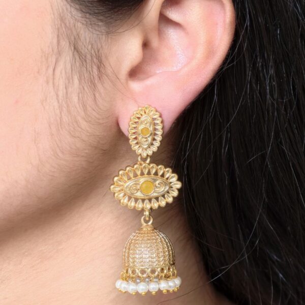 Elegant Gold Plated Jhumka Dangler Earrings | Stone & Pearl Work Amazing Jewelry - "Yellow"