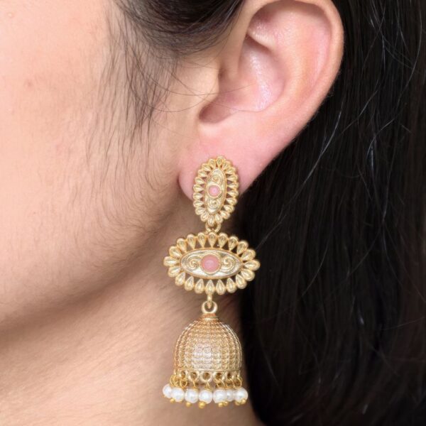 Elegant Gold Plated Jhumka Dangler Earrings | Stone & Pearl Work Amazing Jewelry - "Baby Pink"