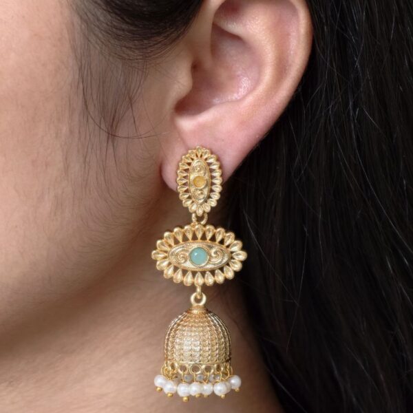 Elegant Gold Plated Jhumka Dangler Earrings | Stone & Pearl Work Amazing Jewelry - "Yellow-Mint"