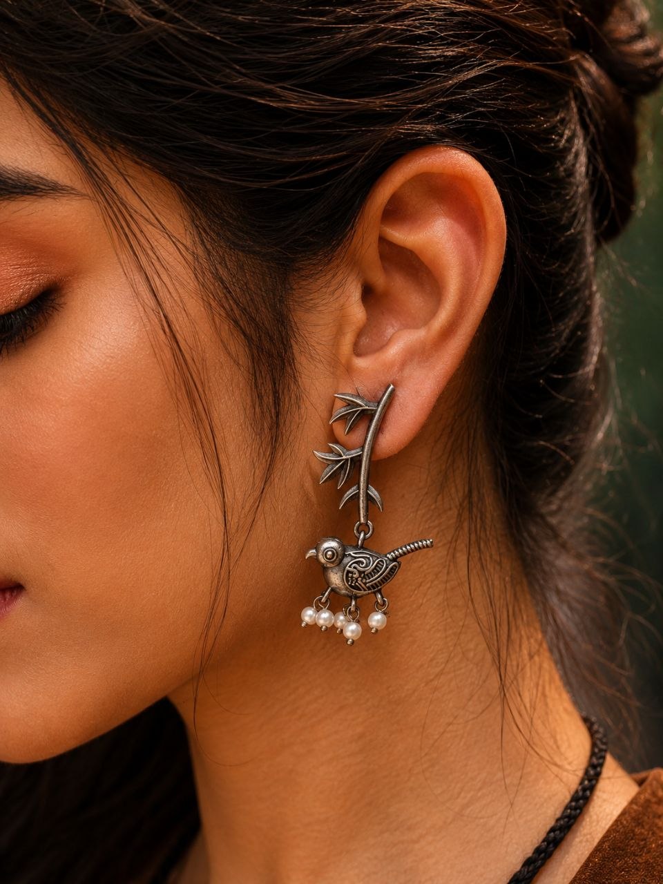 Oxidized Silver Look-Alike Bird Leaf Earrings ? Unique Lightweight & Stylish