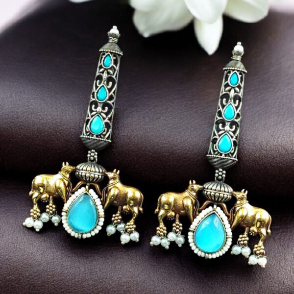 Premium Look Nandi Design Two-Tone Earrings | Stone & Pearl Work Beautiful Statement Jewelry - "Aqua"