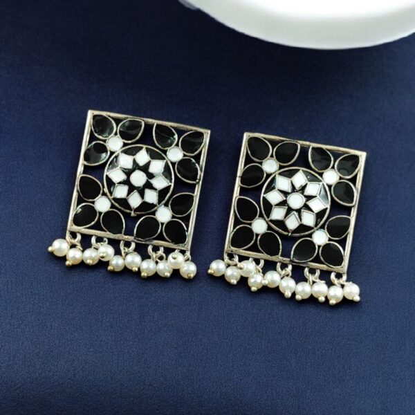 Traditional Silver Plated Meenakari Stud Earrings | Oxidized Pearl Work Amazing Jewelry - "Black-White"