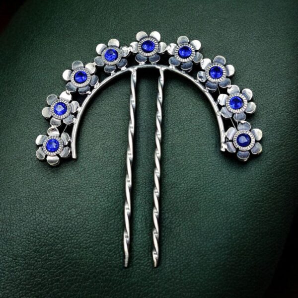 Ethnic Silver Plated Flower Bun Stick | Beautiful Hair Accessory with Stone Work - "Blue"
