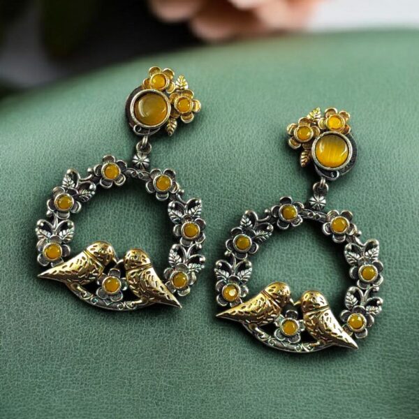 Elegant Two-Tone Bird Earrings | Flower Design Stone Work Best Traditional Jewelry - "Yellow"