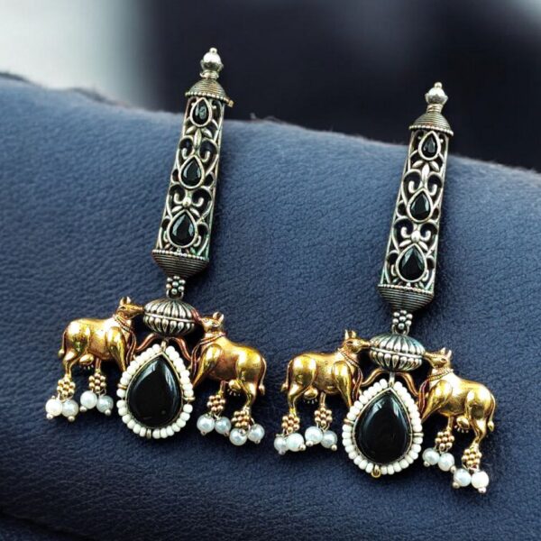 Premium Look Nandi Design Two-Tone Earrings | Stone & Pearl Work Beautiful Statement Jewelry - "Black"