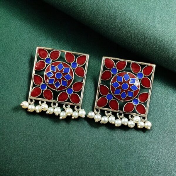 Traditional Silver Plated Meenakari Stud Earrings | Oxidized Pearl Work Amazing Jewelry - "Red-Blue"