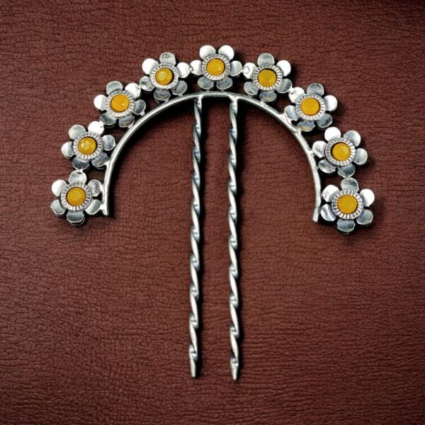 Ethnic Silver Plated Flower Bun Stick | Beautiful Hair Accessory with Stone Work - "Yellow"