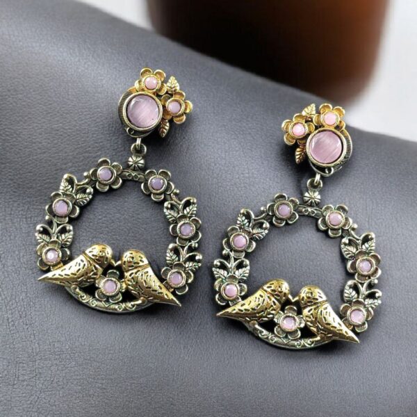 Elegant Two-Tone Bird Earrings | Flower Design Stone Work Best Traditional Jewelry - "Baby Pink"