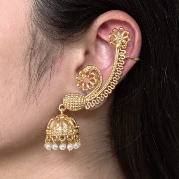 Affordable Design Gold Plated Jhumka Earcuff | Stone & Pearl Traditional Jewelry - "Baby Pink"