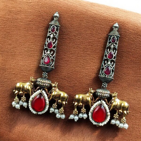 Premium Look Nandi Design Two-Tone Earrings | Stone & Pearl Work Beautiful Statement Jewelry - "Red"