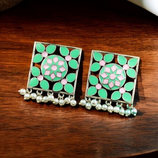 Traditional Silver Plated Meenakari Stud Earrings | Oxidized Pearl Work Amazing Jewelry - "Mint-Baby Pink"