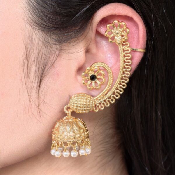 Affordable Design Gold Plated Jhumka Earcuff | Stone & Pearl Traditional Jewelry - "Black"