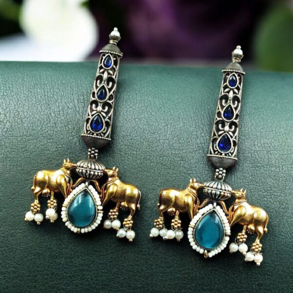Premium Look Nandi Design Two-Tone Earrings | Stone & Pearl Work Beautiful Statement Jewelry - "Blue"