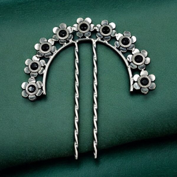 Ethnic Silver Plated Flower Bun Stick | Beautiful Hair Accessory with Stone Work - "Black"