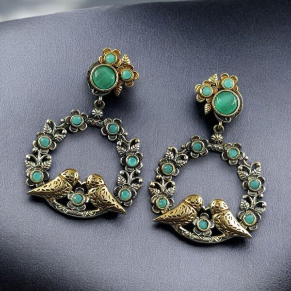 Elegant Two-Tone Bird Earrings | Flower Design Stone Work Best Traditional Jewelry - "Mint"