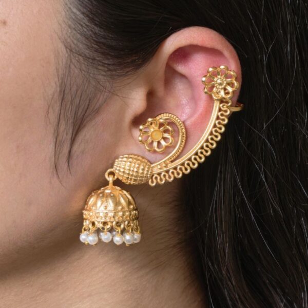 Affordable Design Gold Plated Jhumka Earcuff | Stone & Pearl Traditional Jewelry - "Yellow"