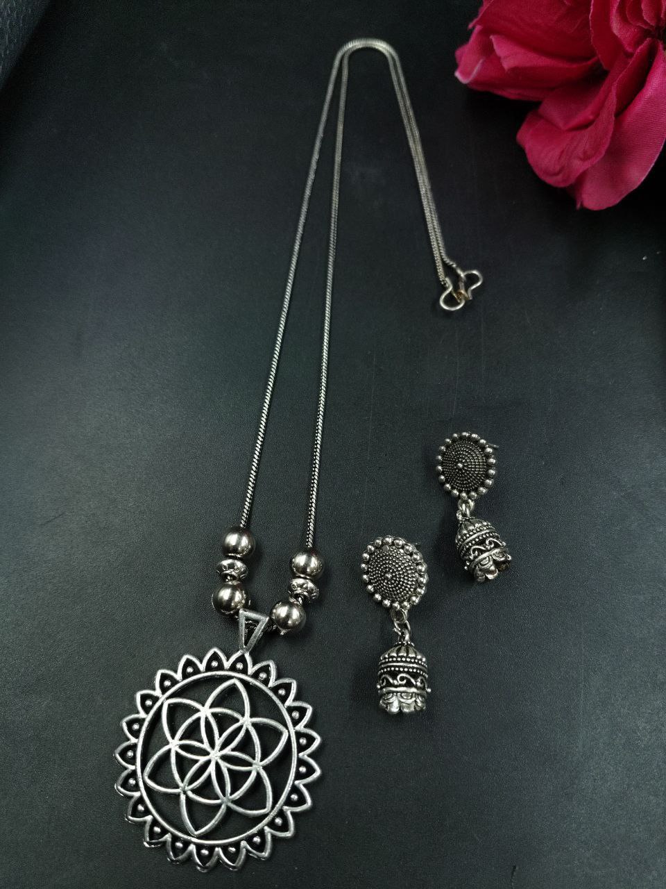Silver Plated Oxidised Chain Necklace With Jhumka Earrings - Image 2