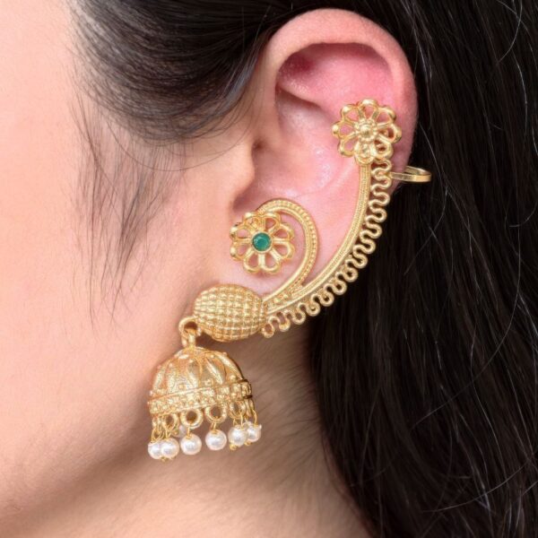 Affordable Design Gold Plated Jhumka Earcuff | Stone & Pearl Traditional Jewelry - "Green"