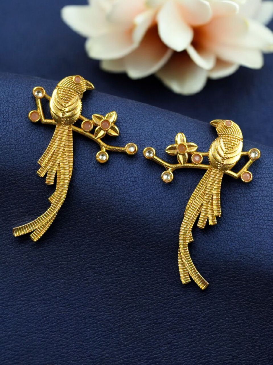 Handcrafted Gold Plated Parrot Stud Earrings | Flower Design & Stone Work Beautiful Jewelry - Image 11