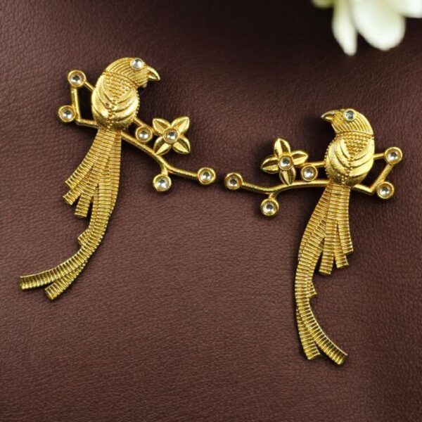 Handcrafted Gold Plated Parrot Stud Earrings | Flower Design & Stone Work Beautiful Jewelry - "White"