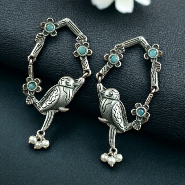 Traditional Silver Replica Parrot Design Dangler Earrings | Stone & Pearl Work Best Oxidized Jewelry - "Mint"