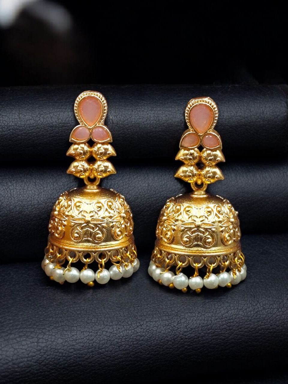 Gold Plated Floral Art Jhumka Dangler Earrings | Stone & Pearl Work Unique Jewelry - Image 2
