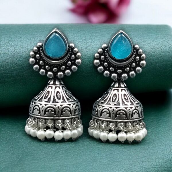 Traditional Monalisa Stone Silver Plated Jhumka Earrings | Best Pearl Work Festive Wear Jewelry - "Aqua"
