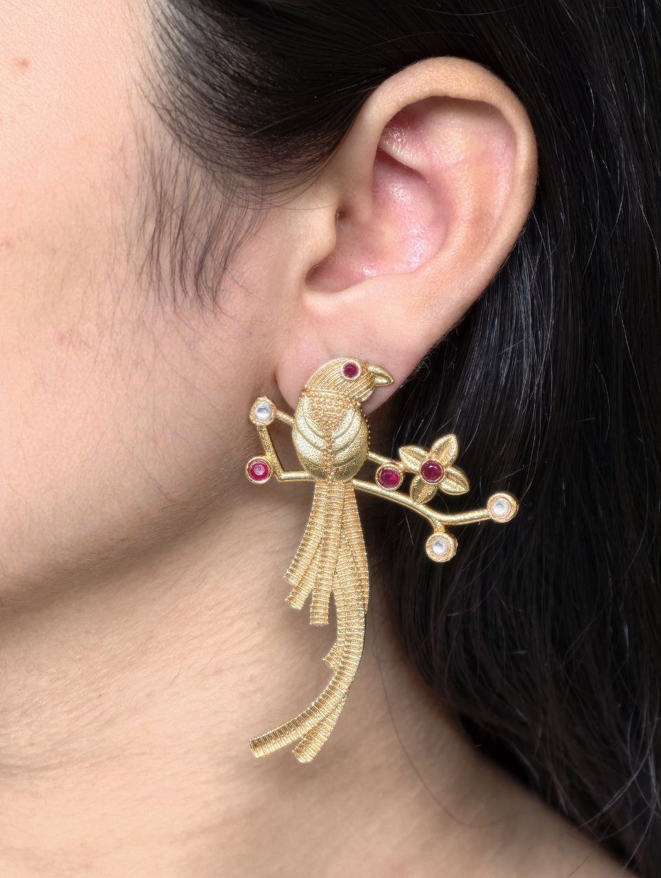 Handcrafted Gold Plated Parrot Stud Earrings | Flower Design & Stone Work Beautiful Jewelry