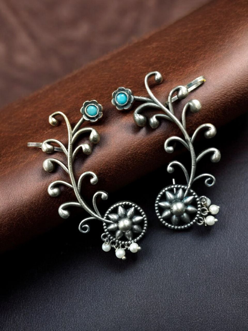 Traditional Look Flower Design Earcuff | Silver Replica Stone & Pearl Work Beautiful Jewelry For Girls - Image 3