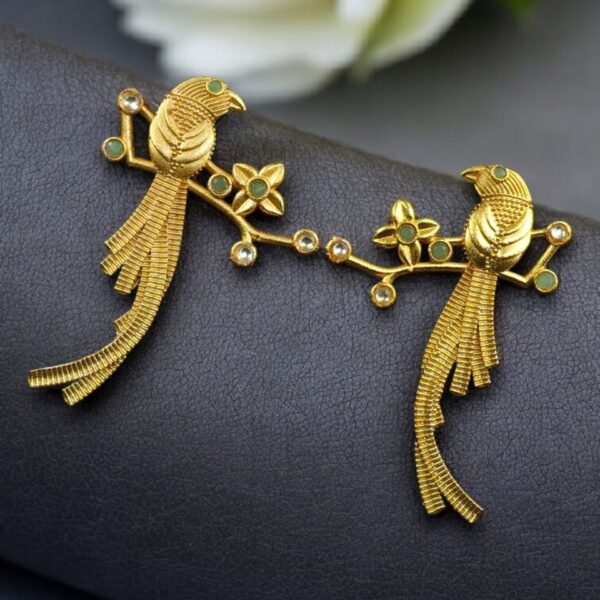 Handcrafted Gold Plated Parrot Stud Earrings | Flower Design & Stone Work Beautiful Jewelry - "Mint"