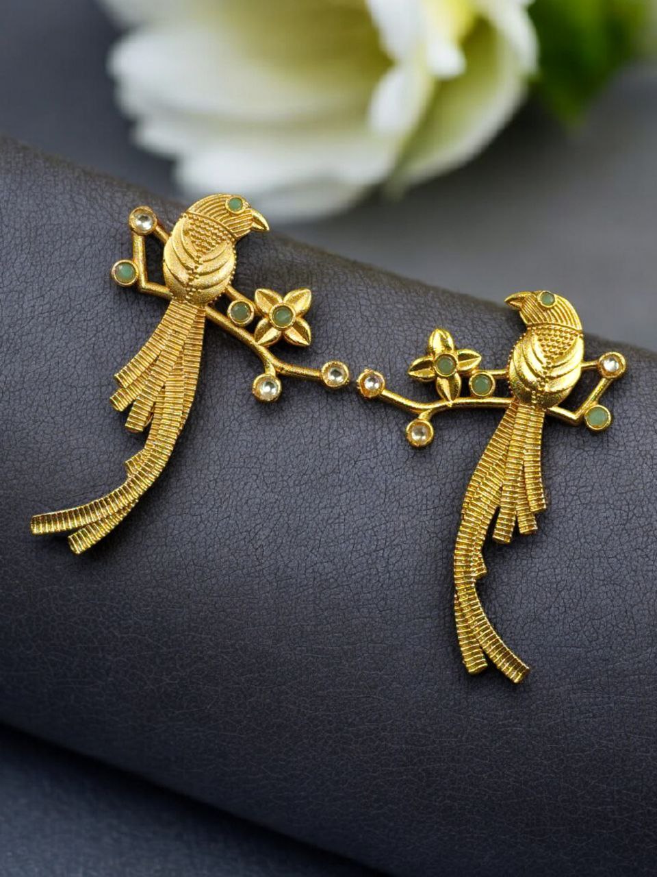 Handcrafted Gold Plated Parrot Stud Earrings | Flower Design & Stone Work Beautiful Jewelry - Image 3