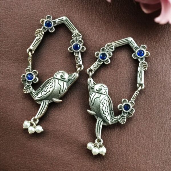 Traditional Silver Replica Parrot Design Dangler Earrings | Stone & Pearl Work Best Oxidized Jewelry - "Blue"