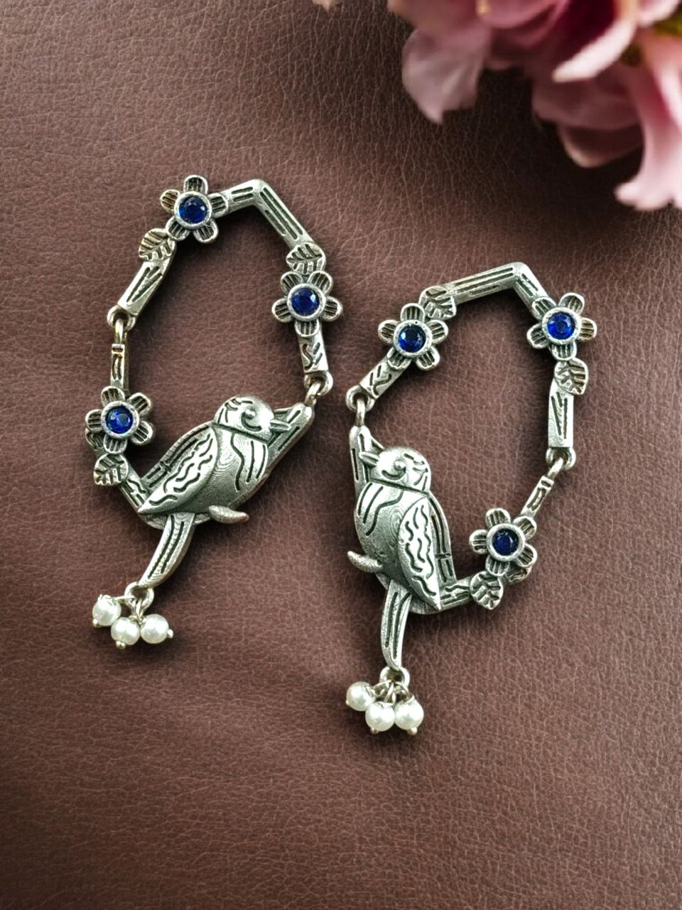 Traditional Silver Replica Parrot Design Dangler Earrings | Stone & Pearl Work Best Oxidized Jewelry - Image 9