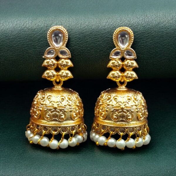 Gold Plated Floral Art Jhumka Dangler Earrings | Stone & Pearl Work Unique Jewelry - "White"