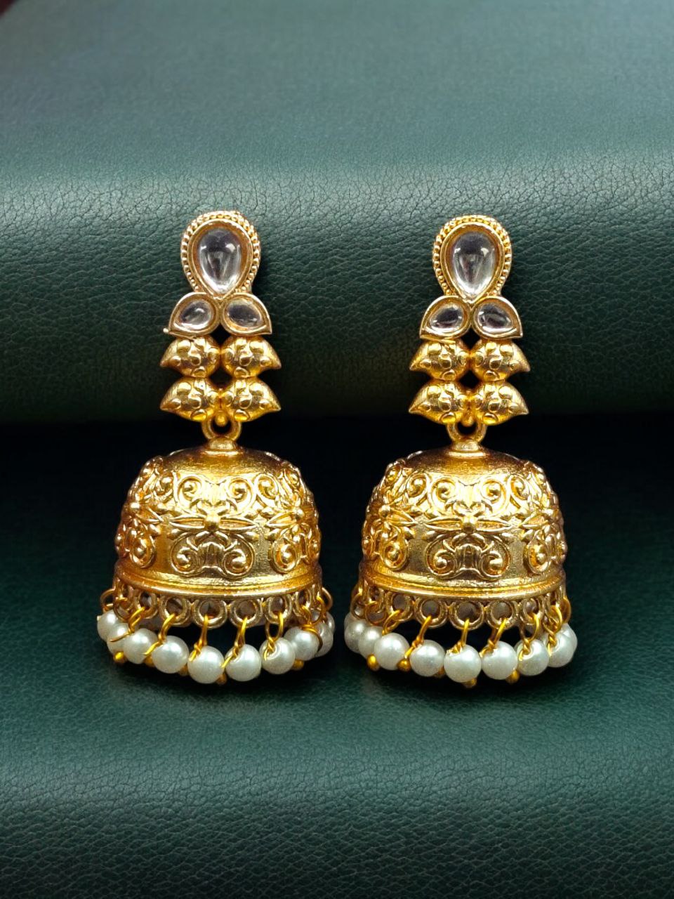 Gold Plated Floral Art Jhumka Dangler Earrings | Stone & Pearl Work Unique Jewelry - Image 3