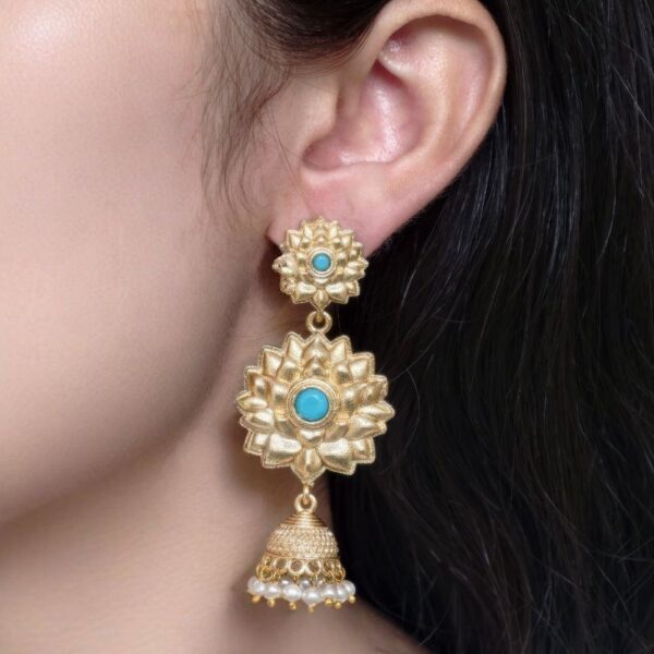 Elegant Gold Plated Flower Design Jhumka Earrings | Stone & Pearl Work Amazing Jewelry - "Aqua"