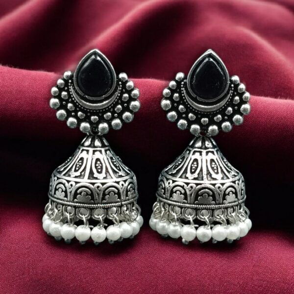 Traditional Monalisa Stone Silver Plated Jhumka Earrings | Best Pearl Work Festive Wear Jewelry - "Black"